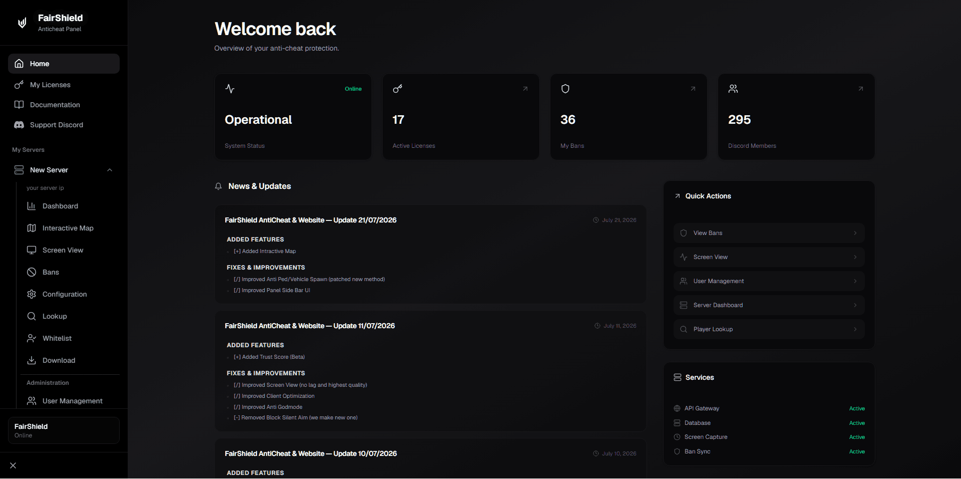 FairShield Dashboard - FiveM Anti Cheat Control Panel